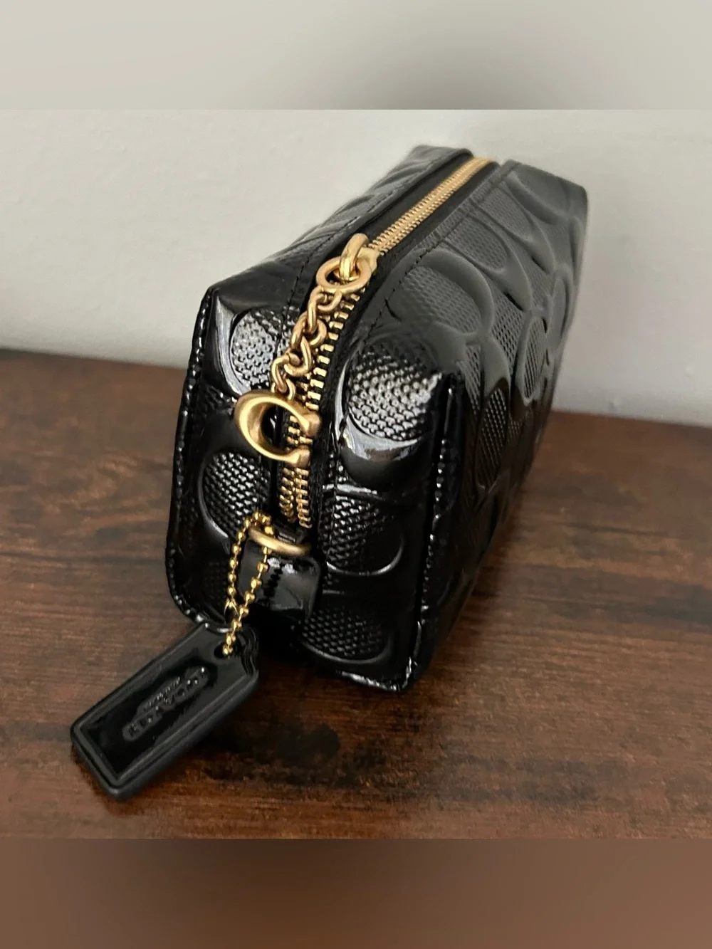 Coach Black Patent Leather Signature Cosmetic Bag